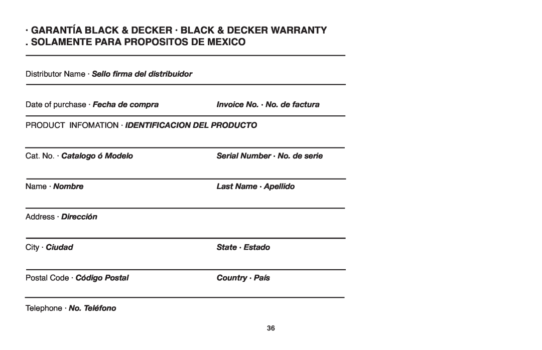 Black & Decker GH610 · Garantía Black & Decker · Black & Decker Warranty, Solamente Para Propositos De Mexico 