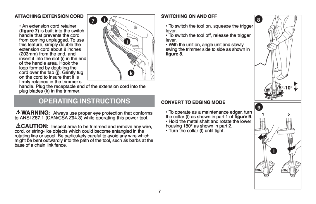 Black & Decker GH610 Operating Instructions, Attaching Extension Cord, Switching On And Off, Convert To Edging Mode 