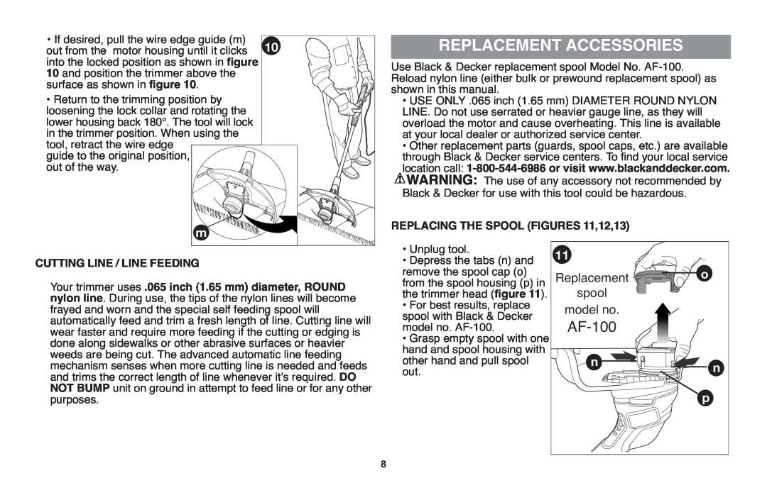 Black & Decker GH610 instruction manual Replacement Accessories, AF-100, REPLACING THE SPOOL FIGURES 11,12,13 