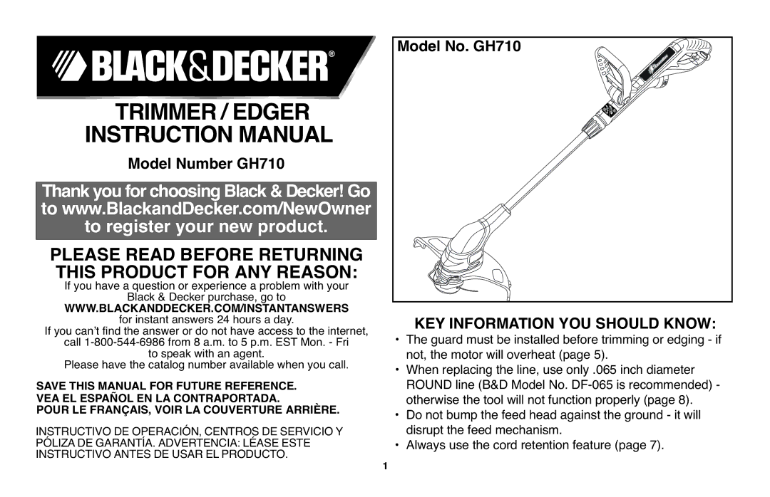 Black & Decker GH710 instruction manual Trimmer / Edger Instructionmanual 