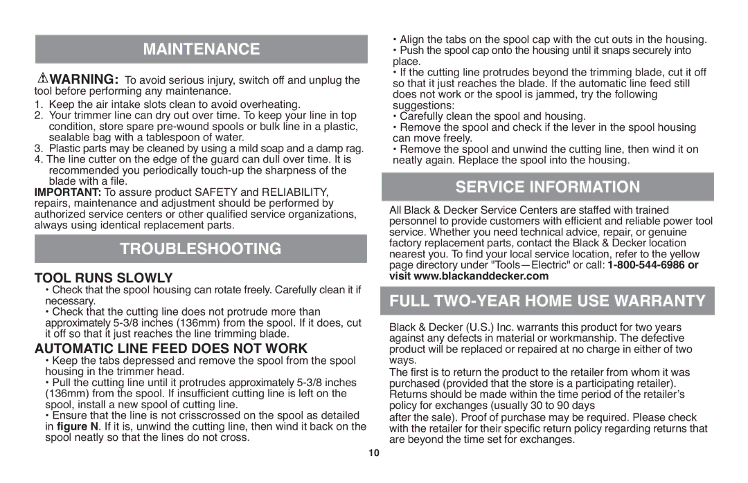 Black & Decker GH710 instruction manual Maintenance, Troubleshooting, Service Information Full TWO-YEAR Home USE Warranty 