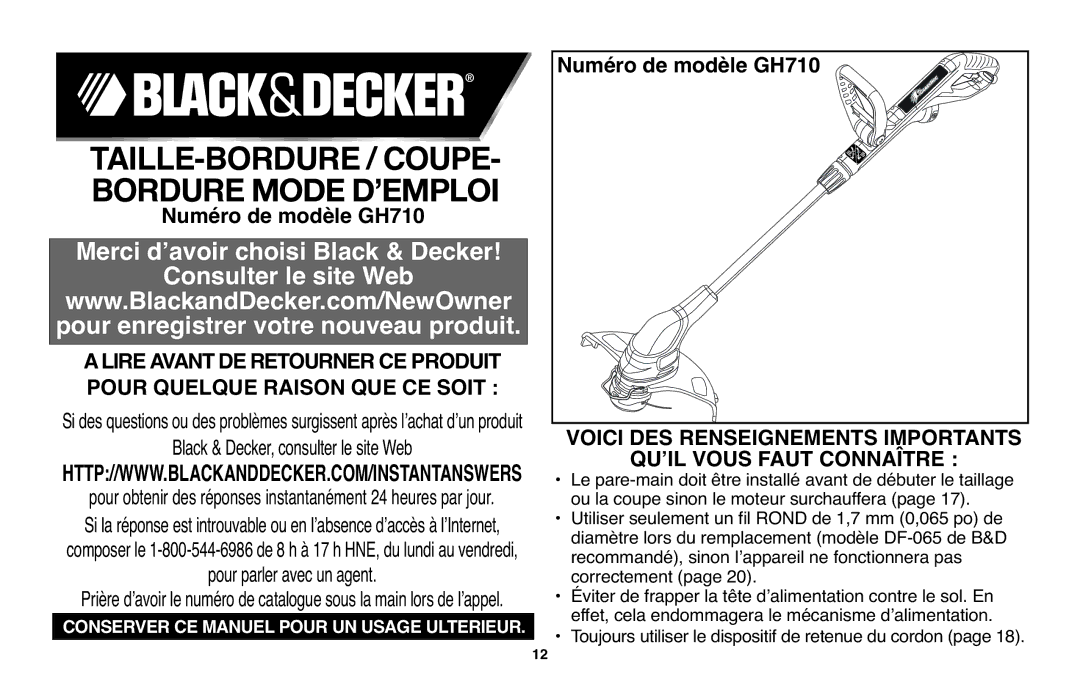 Black & Decker GH710 instruction manual TAILLE-BORDURE / COUPE- Borduremode D’EMPLOI 