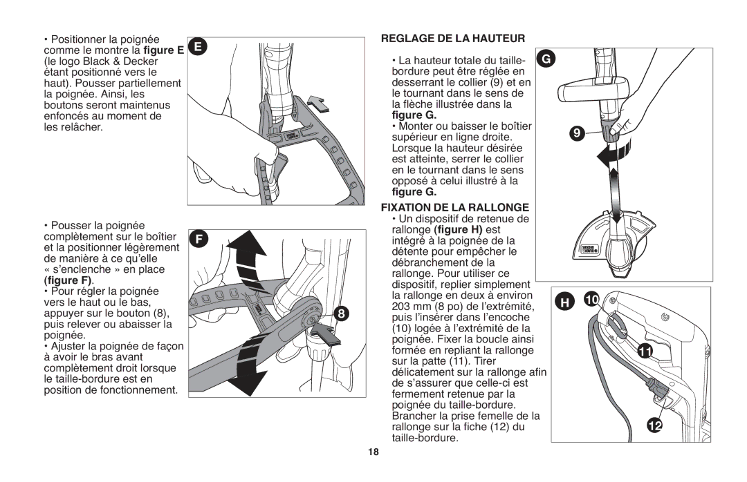 Black & Decker GH710 Reglage DE LA Hauteur, Fixation DE LA Rallonge, Rallonge sur la fiche 12 du Taille-bordure 