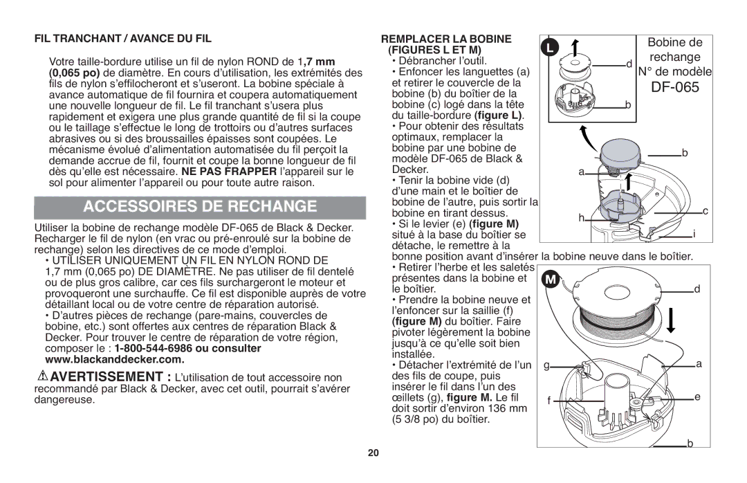 Black & Decker GH710 instruction manual Accessoires DE Rechange, FIL Tranchant / Avance DU FIL, Remplacer LA Bobine 
