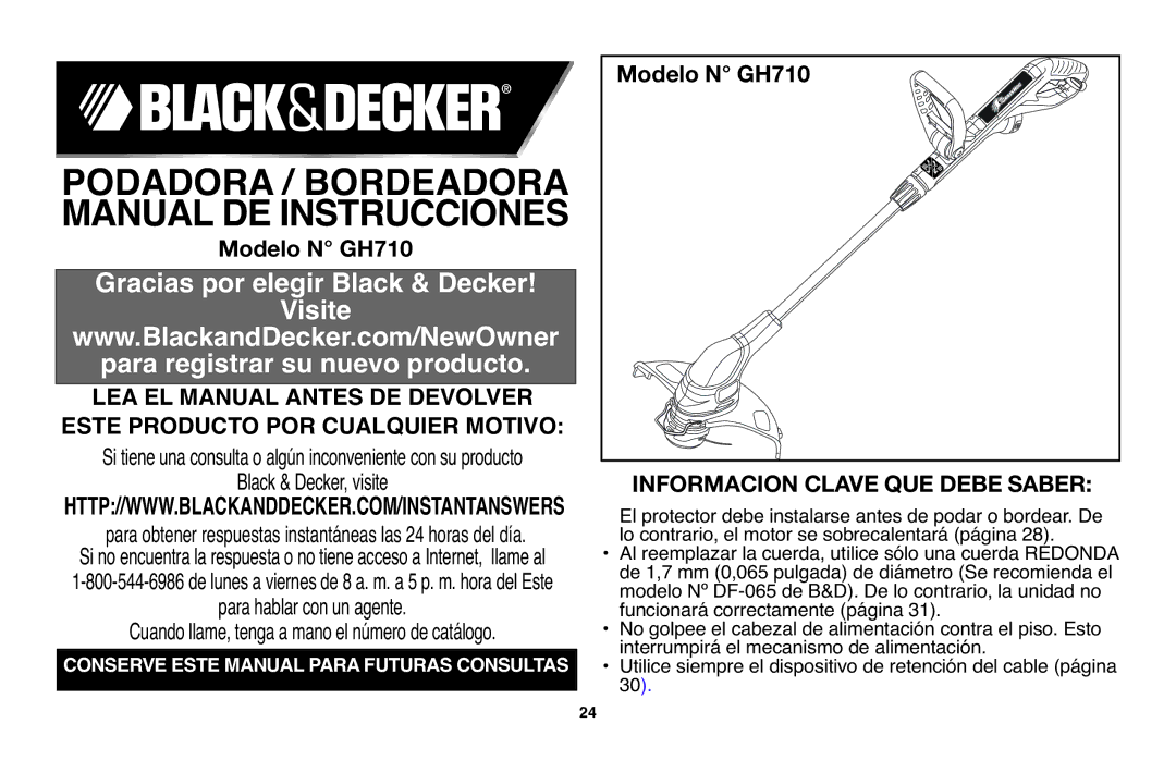 Black & Decker GH710 instruction manual Podadora / Bordeadora Manual DE Instrucciones 