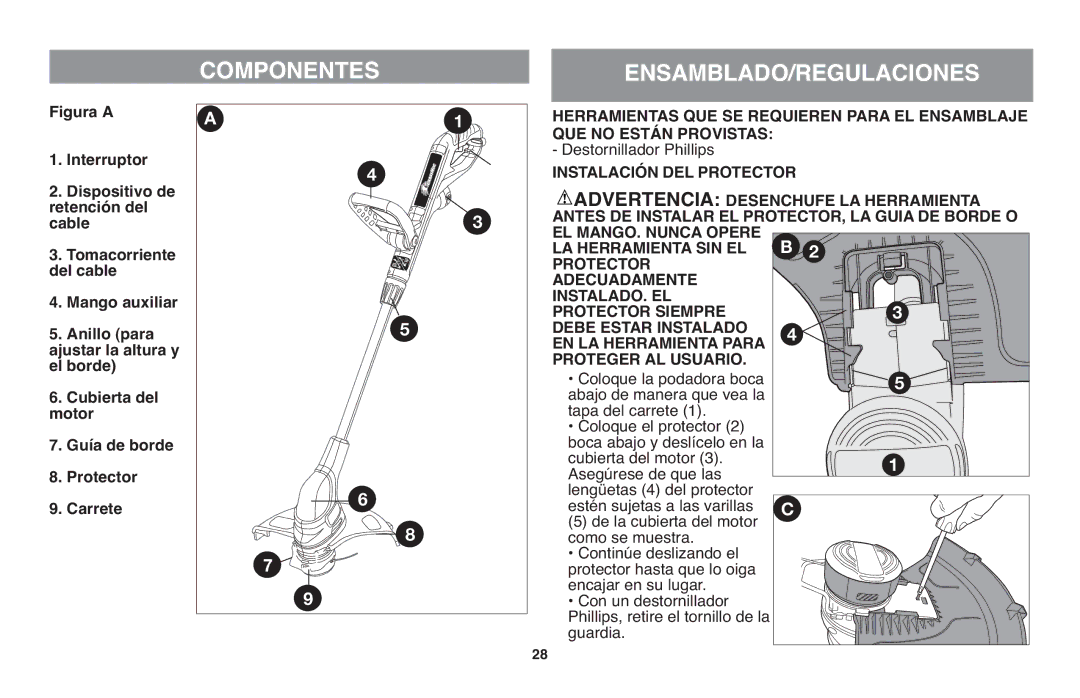 Black & Decker GH710 instruction manual Componentes ENSAMBLADO/REGULACIONES 