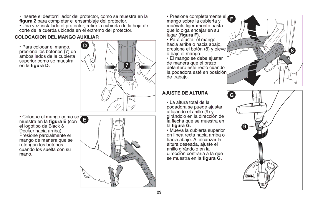 Black & Decker GH710 Corte de la cuerda ubicada en el extremo del protector, Colocacion DEL Mango Auxiliar, En la figura D 