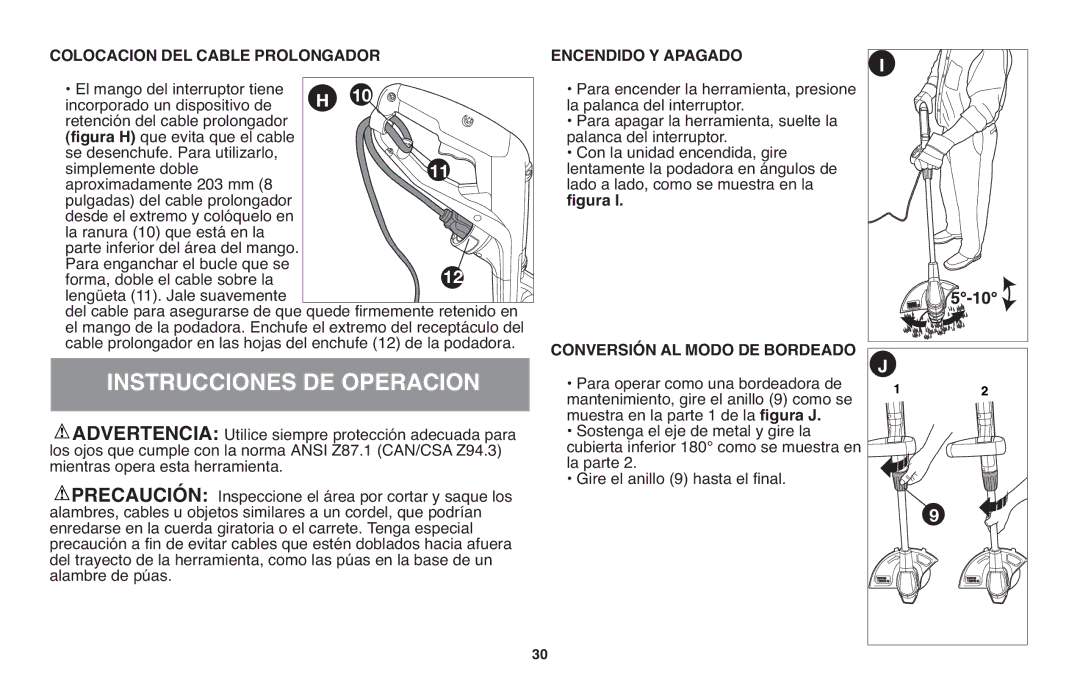 Black & Decker GH710 instruction manual Instrucciones DE Operacion, Colocacion DEL Cable Prolongador, Encendido Y Apagado 