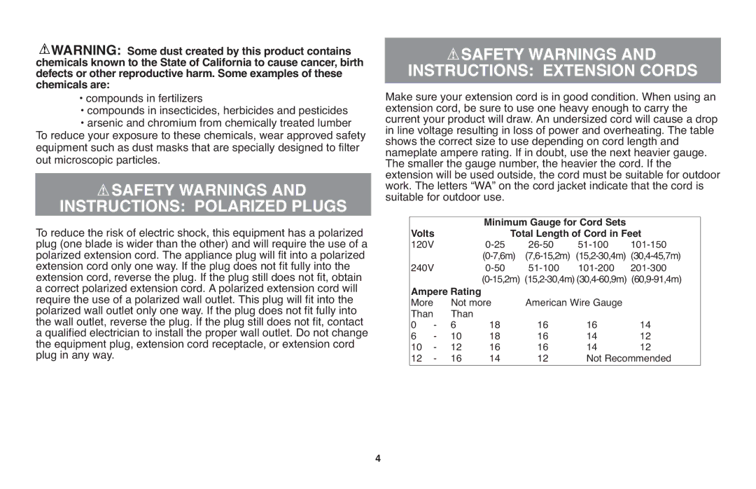 Black & Decker GH710 Safety Warnings Instructions Polarized Plugs, Safety Warnings Instructions Extension Cords 