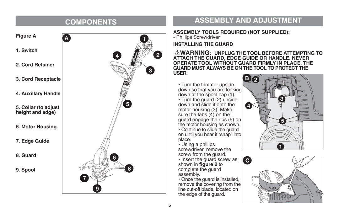 Black & Decker GH710 Components Assembly and Adjustment, Assembly Tools Required not Supplied, Phillips Screwdriver 