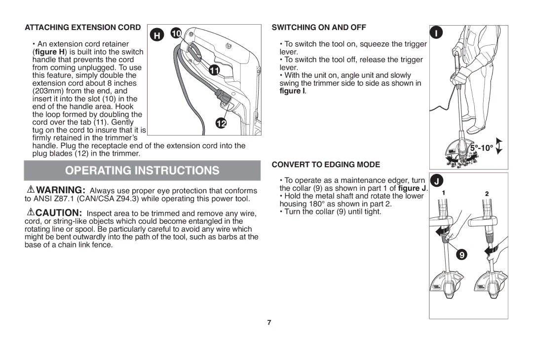 Black & Decker GH710 Operating Instructions, Attaching Extension Cord, Switching on and OFF, Convert to Edging Mode 