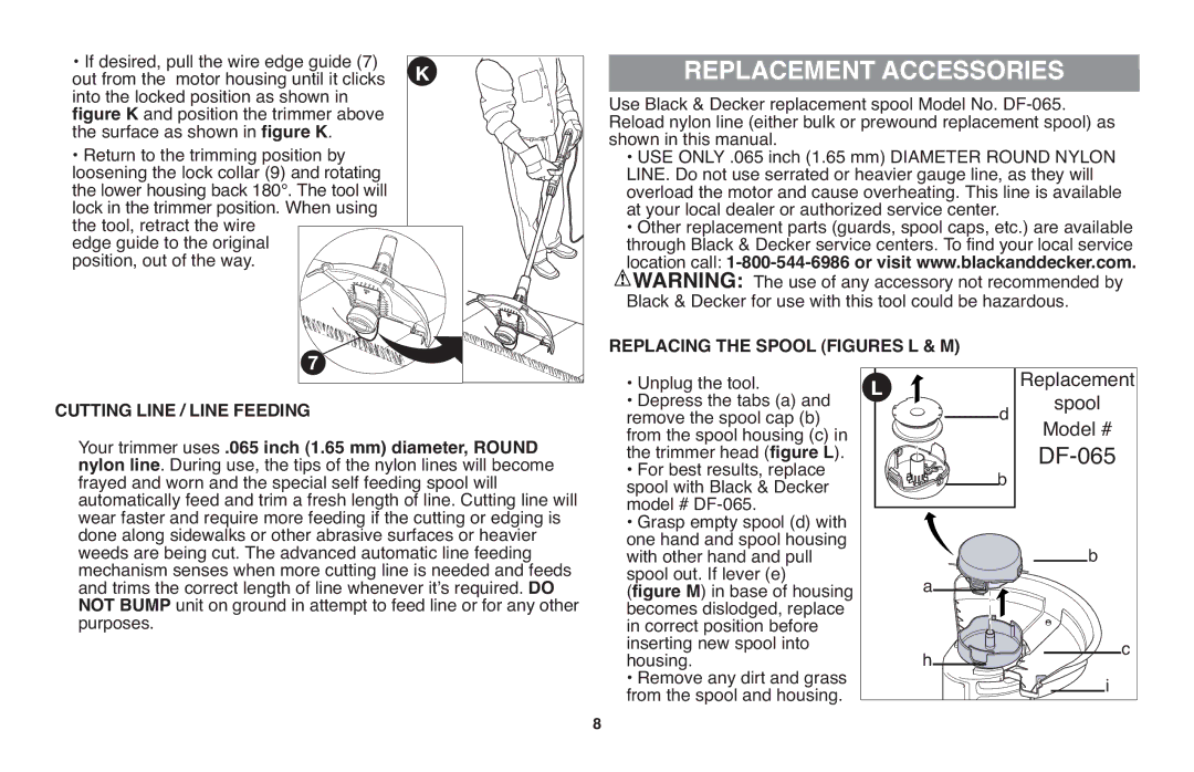 Black & Decker GH710 Replacement Accessories, Cutting Line / Line Feeding, Replacing the Spool Figures L & M 