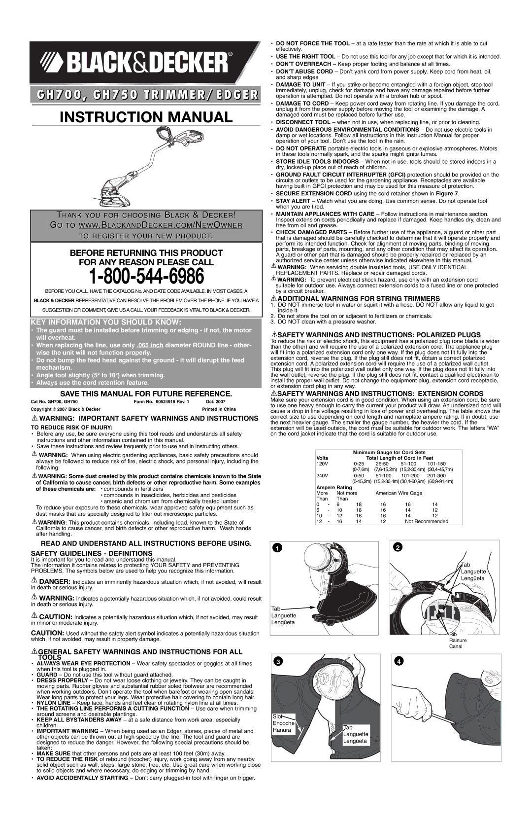 Black & Decker 90524916 instruction manual Save this Manual for Future Reference, Additional Warnings for String Trimmers 