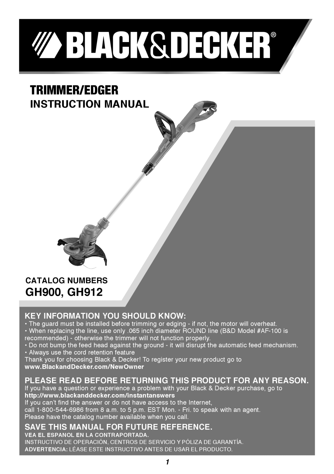 Black & Decker instruction manual Trimmer/Edger, GH900, GH912 