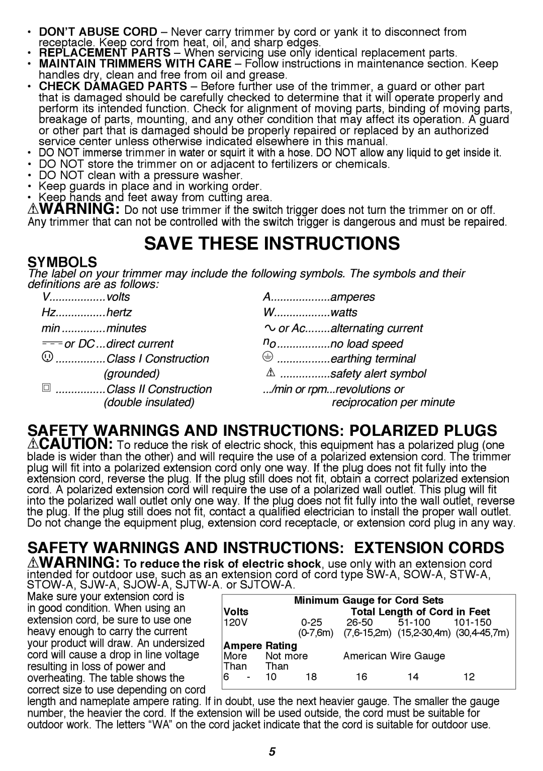 Black & Decker GH900 instruction manual Symbols 