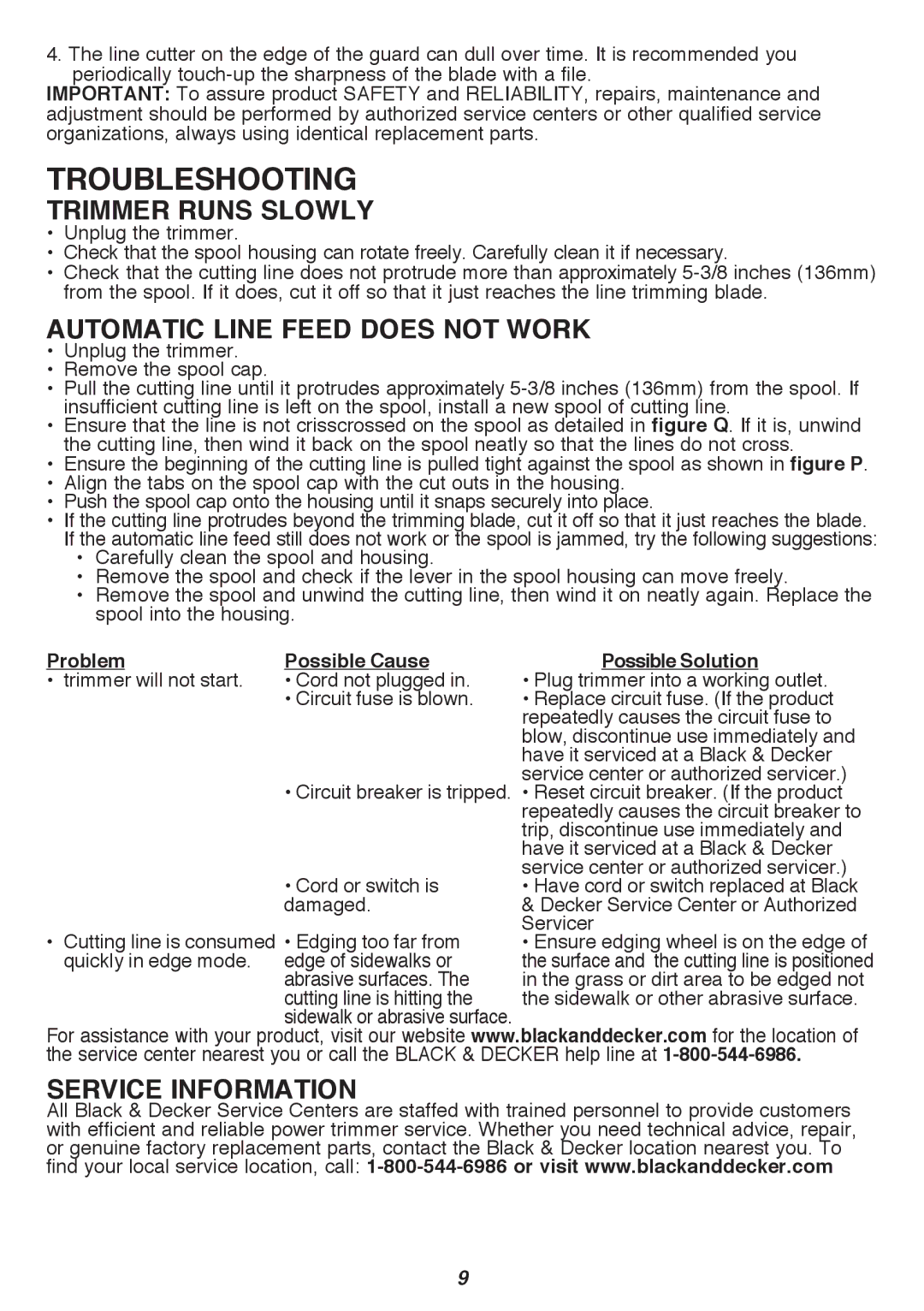 Black & Decker GH900 Troubleshooting, Trimmer runs slowly, Automatic line feed does not work, Service Information 