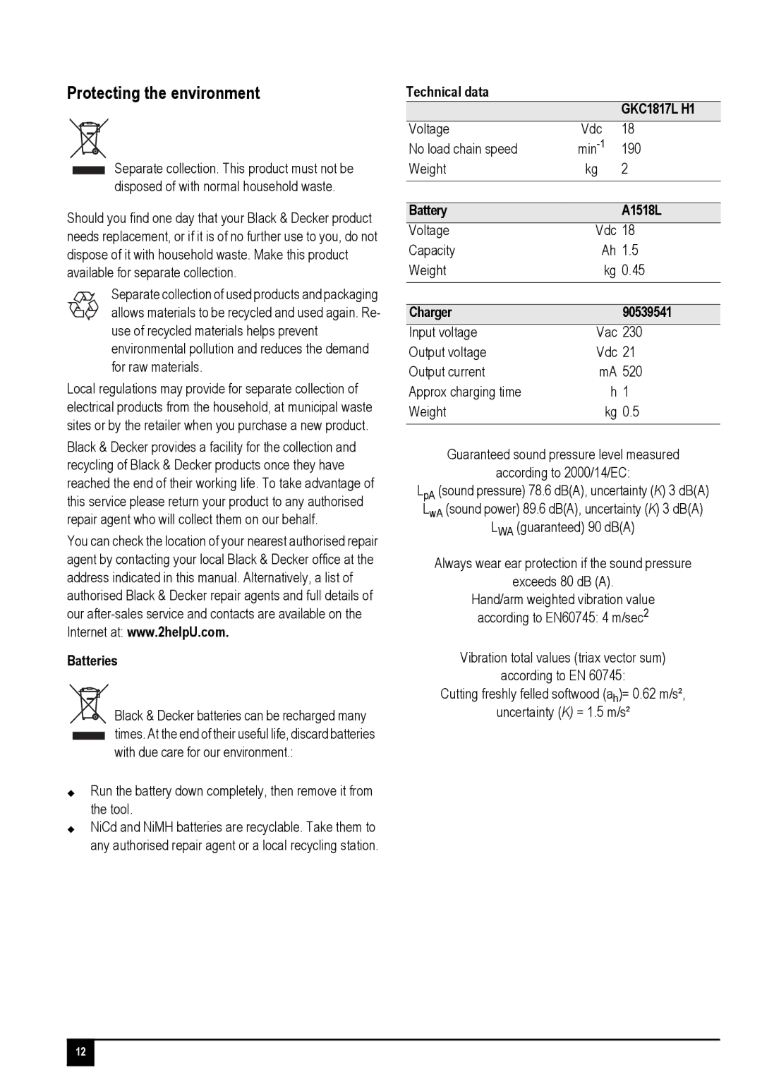 Black & Decker 90559283 manual Protecting the environment, Technical data GKC1817L H1, Battery A1518L, Charger 90539541 