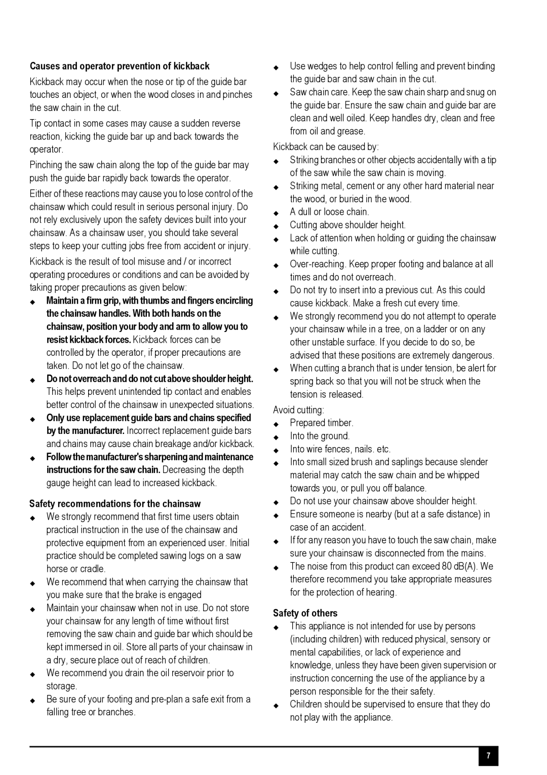 Black & Decker 90559283, GKC1817L manual Causes and operator prevention of kickback, Safety recommendations for the chainsaw 