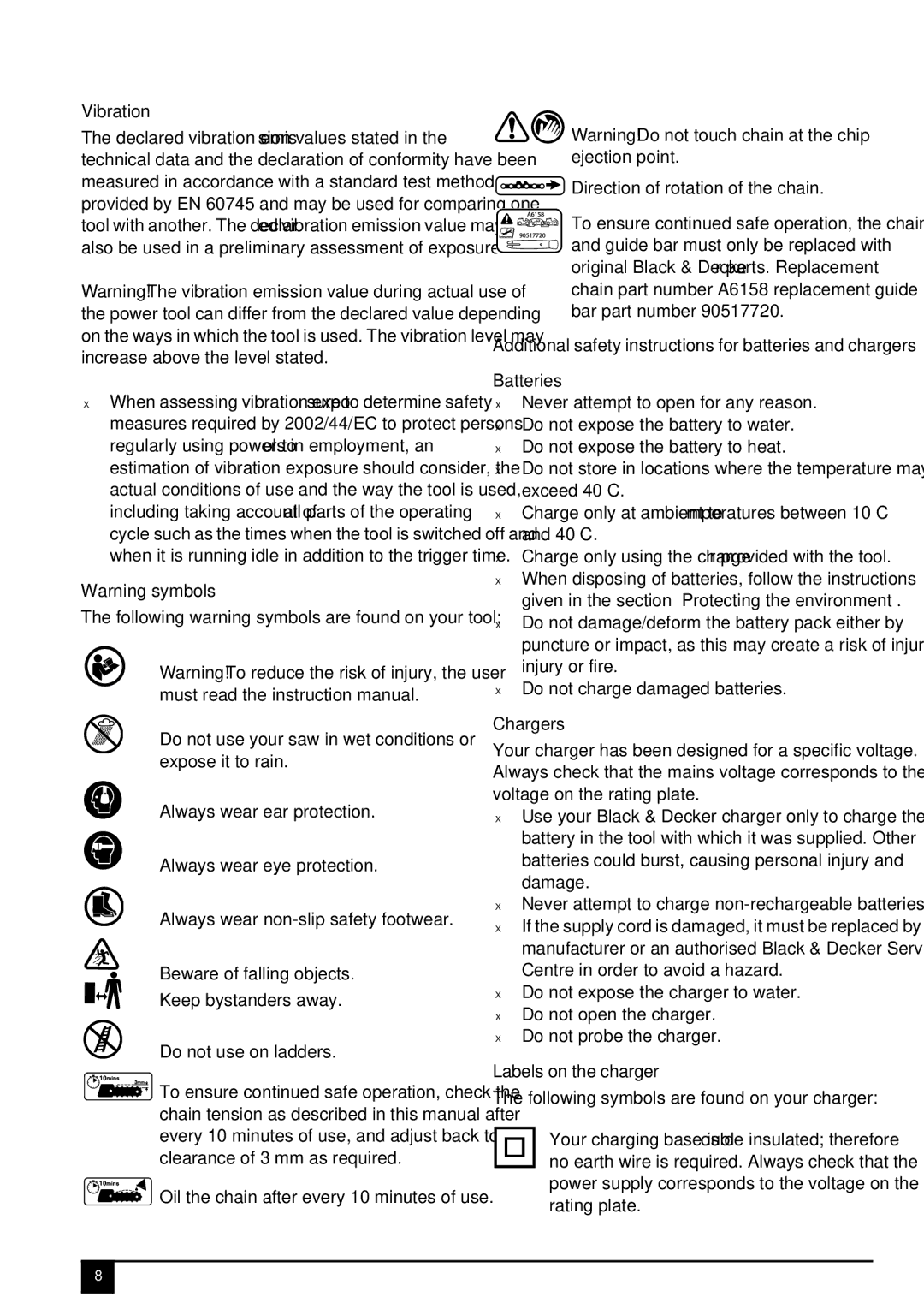 Black & Decker GKC1817L, 90559283 manual Vibration, Chargers, Labels on the charger 