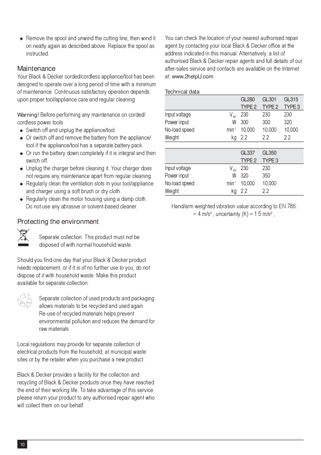 Black & Decker gl280 manual Maintenance, Protecting the environment 