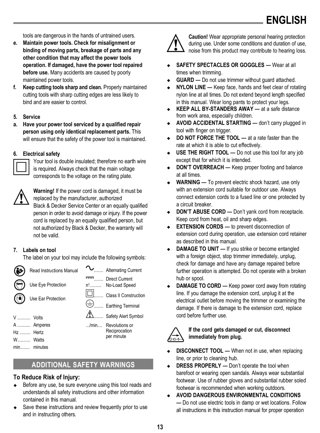 Black & Decker GL300 Additional Safety Warnings, To Reduce Risk of Injury, Electrical safety, Labels on tool 