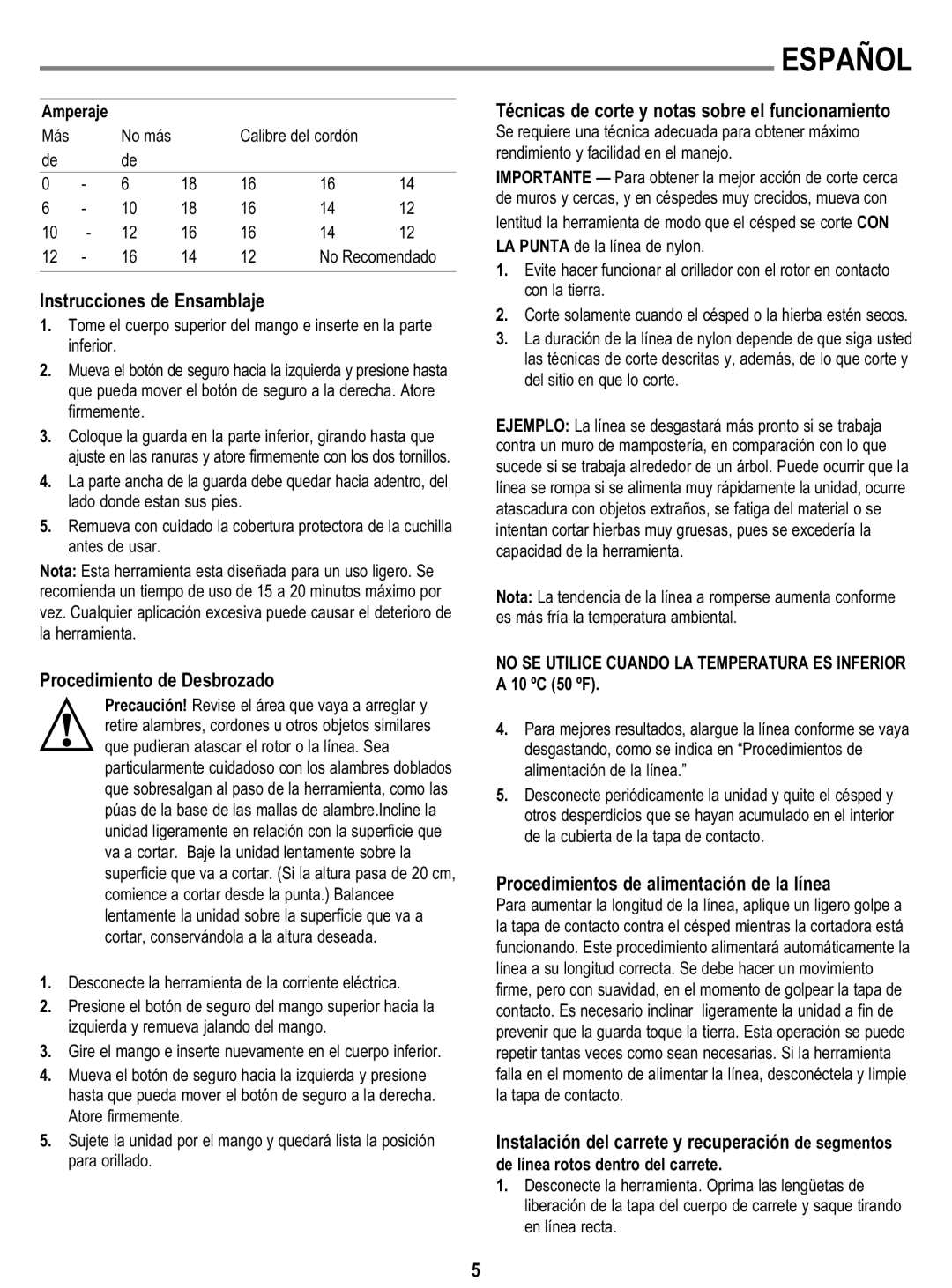 Black & Decker GL300 Instrucciones de Ensamblaje, Procedimiento de Desbrozado, Procedimientos de alimentación de la línea 