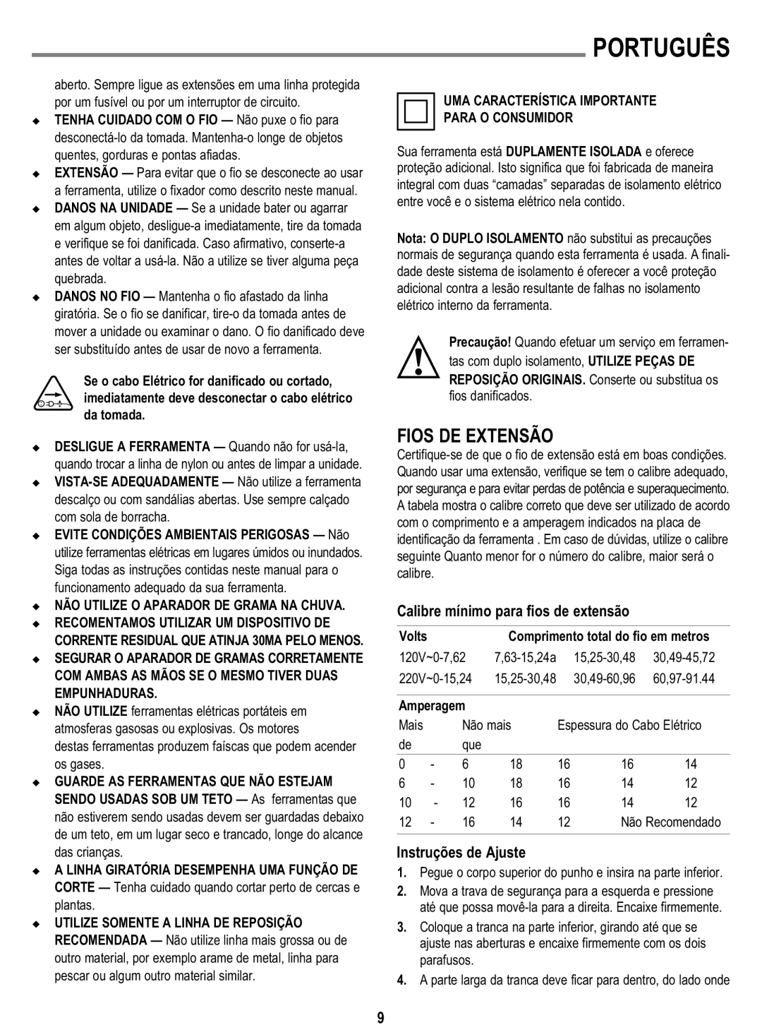 Black & Decker GL300 instruction manual Fios DE Extensão, Calibre mínimo para fios de extensão, Instruções de Ajuste 