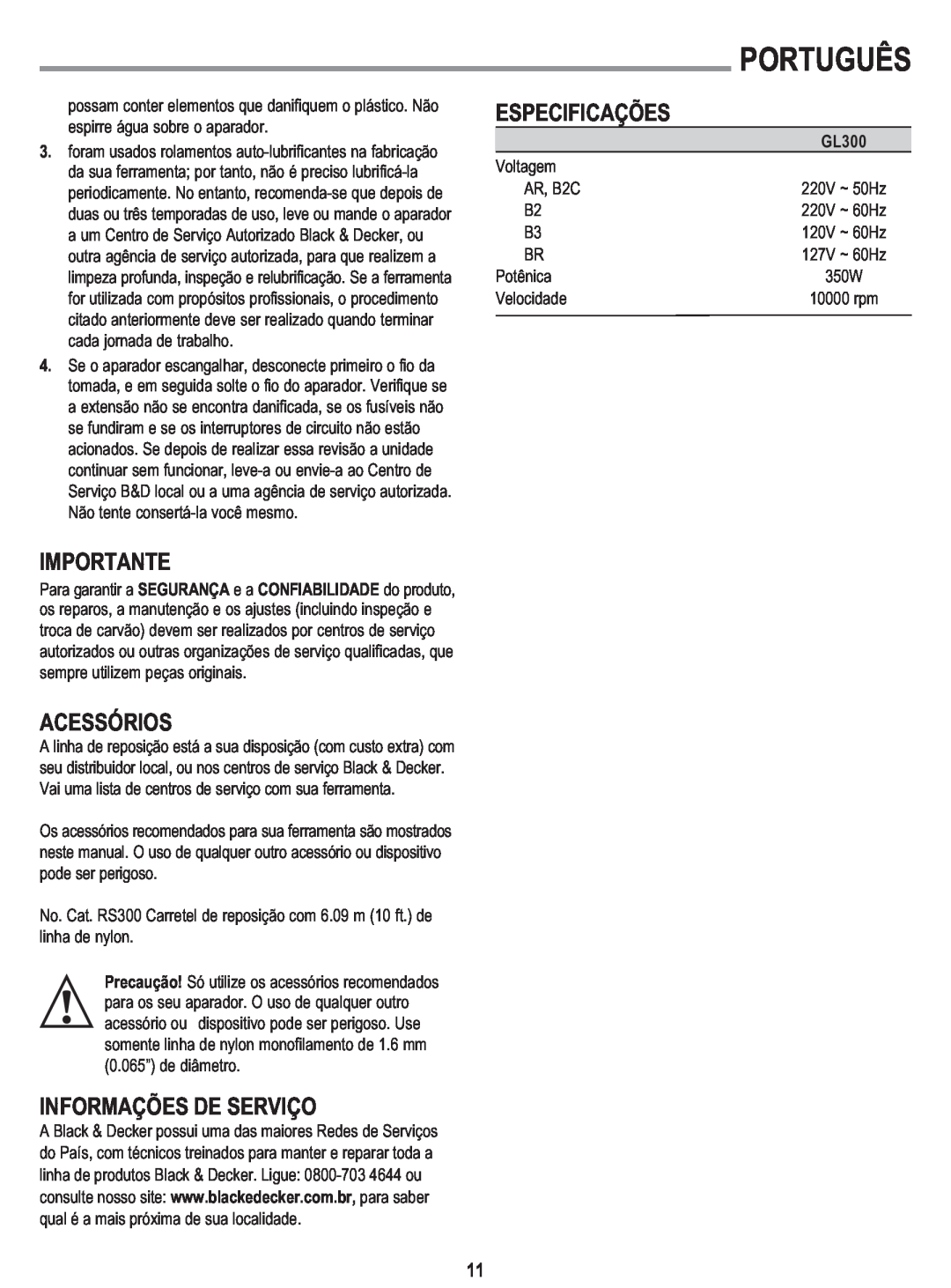 Black & Decker GL300 instruction manual Acessórios, Informações De Serviço, Especificações, Português, Importante 