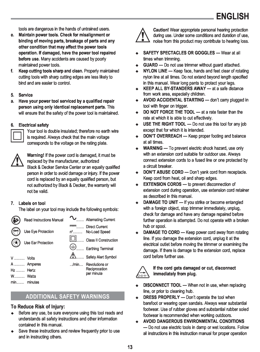 Black & Decker GL300 instruction manual Additional Safety Warnings, To Reduce Risk of Injury, English 