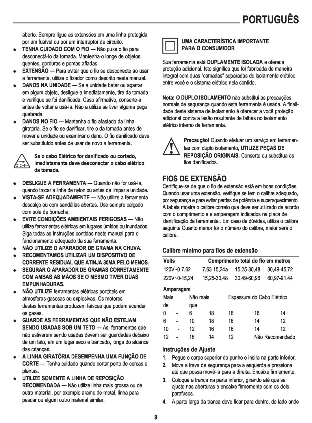 Black & Decker GL300 Fios De Extensão, Calibre mínimo para fios de extensão, Instruções de Ajuste, Português 