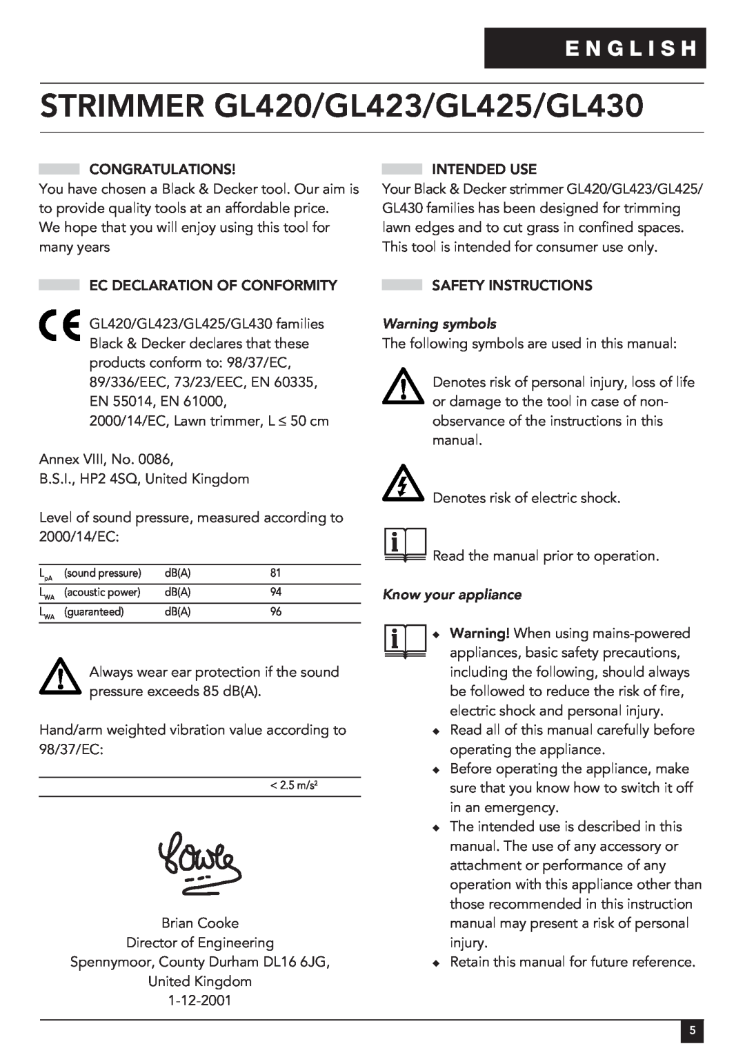 Black & Decker manual E N G L I S H, Warning symbols, Know your appliance, STRIMMER GL420/GL423/GL425/GL430 
