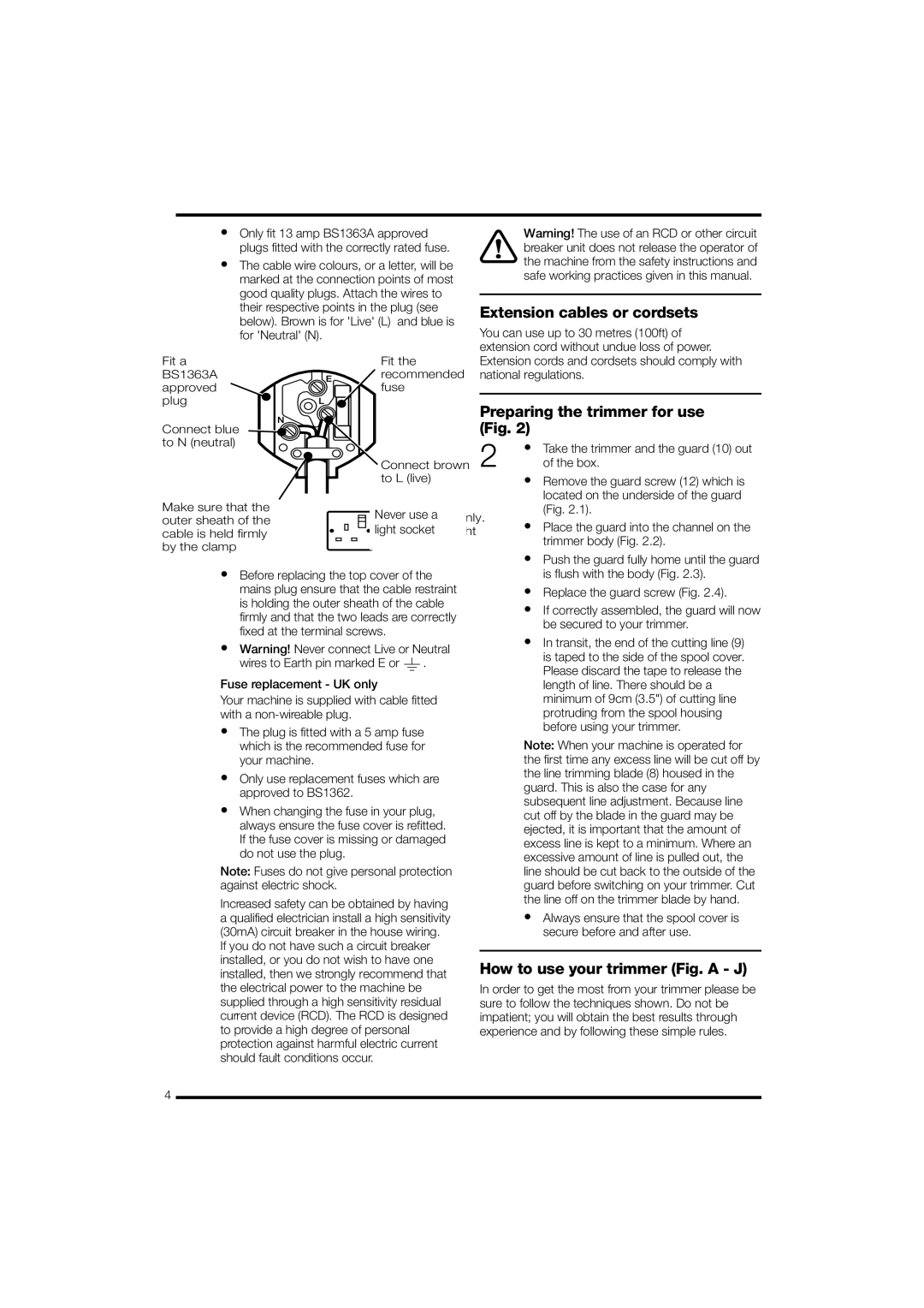 Black & Decker GL530 Extension cables or cordsets, Preparing the trimmer for use, How to use your trimmer Fig. a J 
