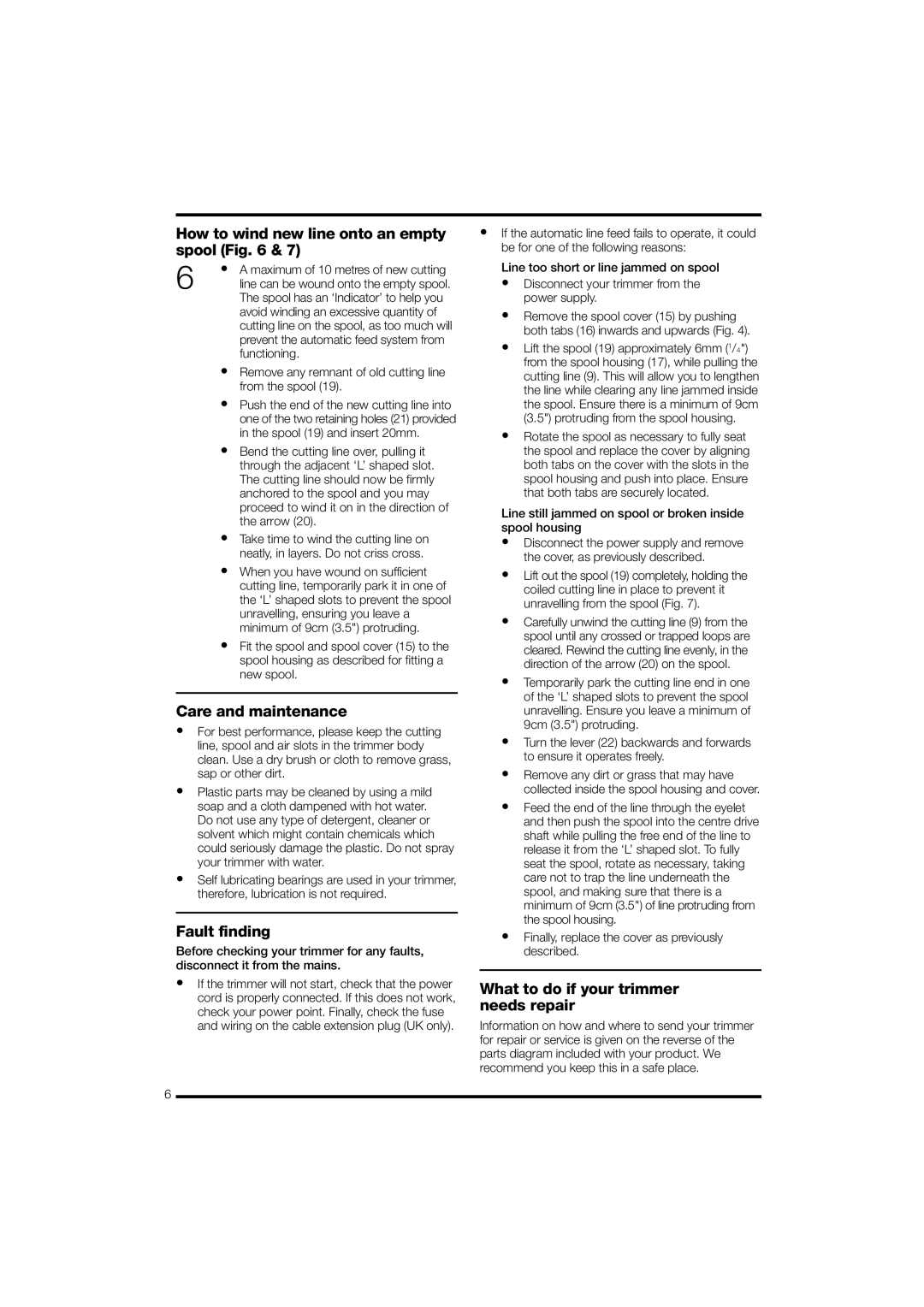 Black & Decker GL530 instruction manual How to wind new line onto an empty spool, Care and maintenance, Fault finding 