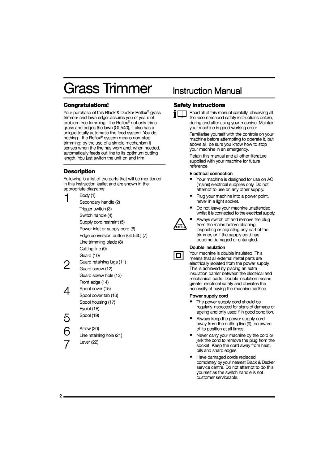 Black & Decker GL530 instruction manual Grass Trimmer Instruction Manual, Congratulations, Description 