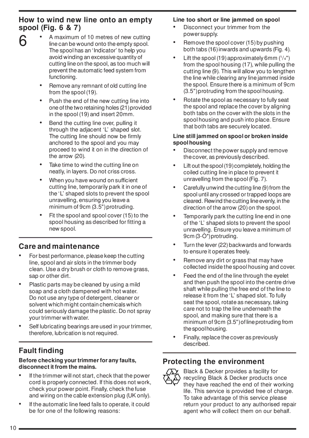 Black & Decker gl544 manual How to wind new line onto an empty spool, Care and maintenance, Fault finding 