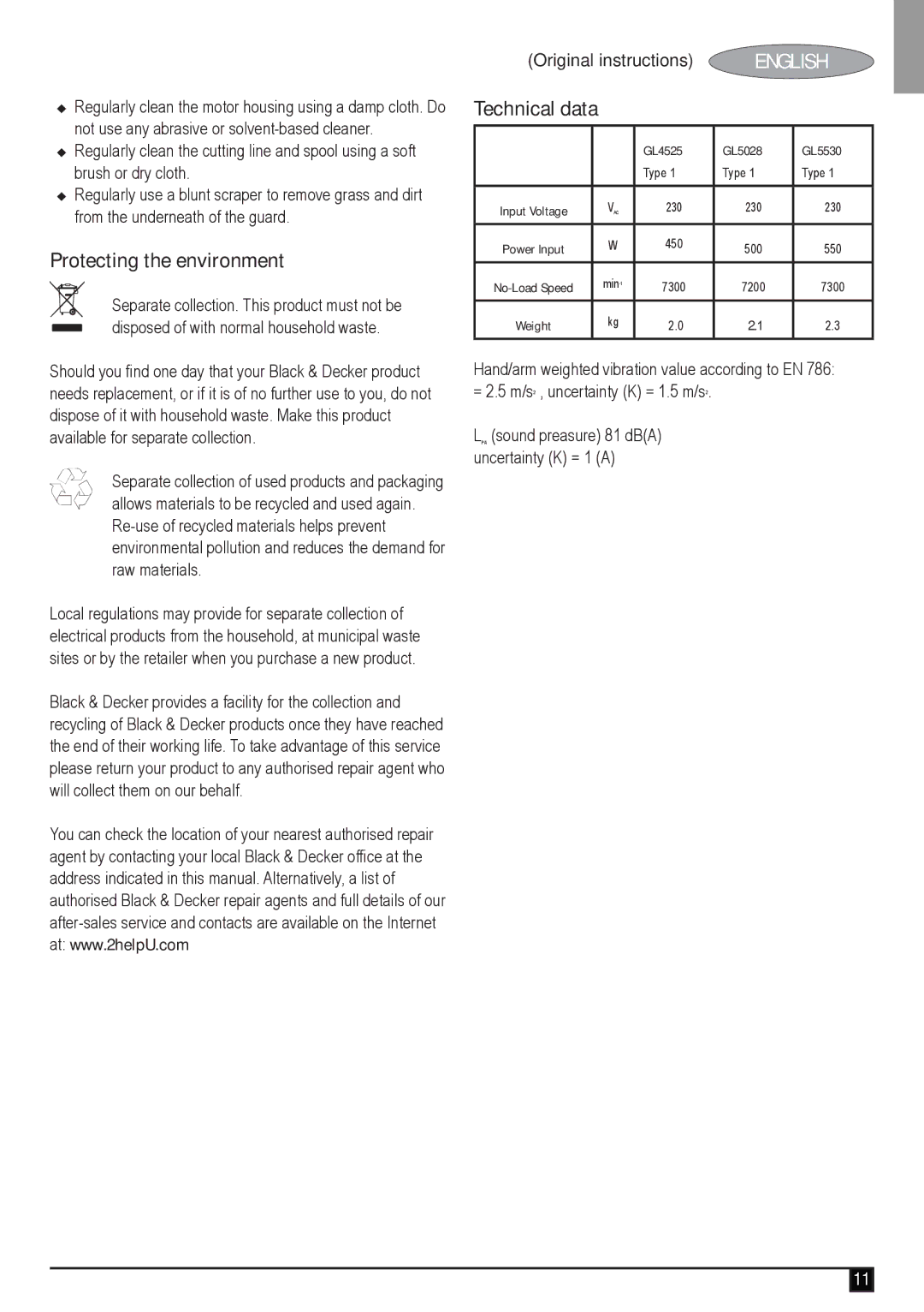 Black & Decker GL4525, GL5530, GL5028 manual Protecting the environment, Technical data 