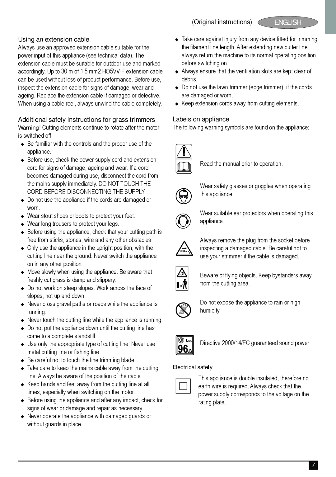 Black & Decker GL5028 Using an extension cable, Additional safety instructions for grass trimmers, Labels on appliance 
