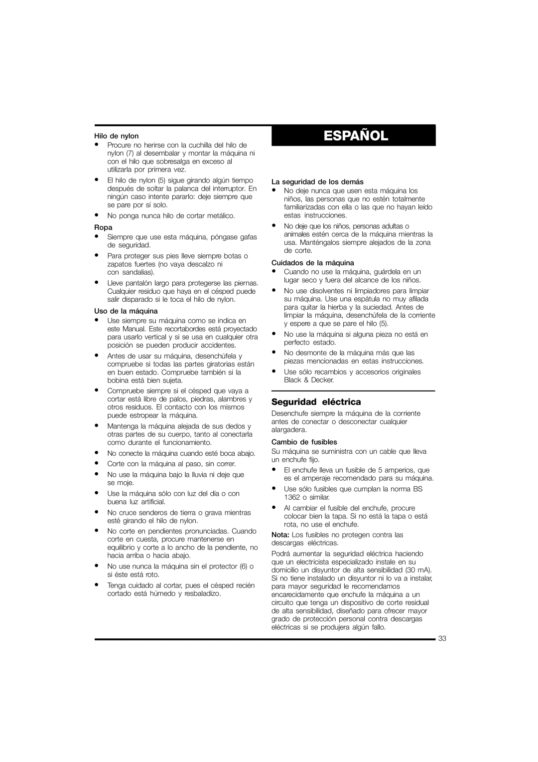 Black & Decker GL570 instruction manual Español, Seguridad eléctrica, Uso de la máquina 