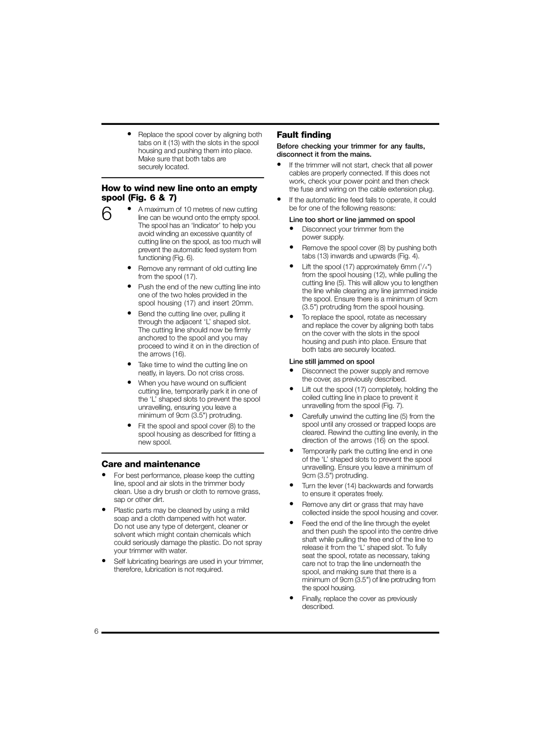 Black & Decker GL570 instruction manual How to wind new line onto an empty spool, Care and maintenance, Fault finding 