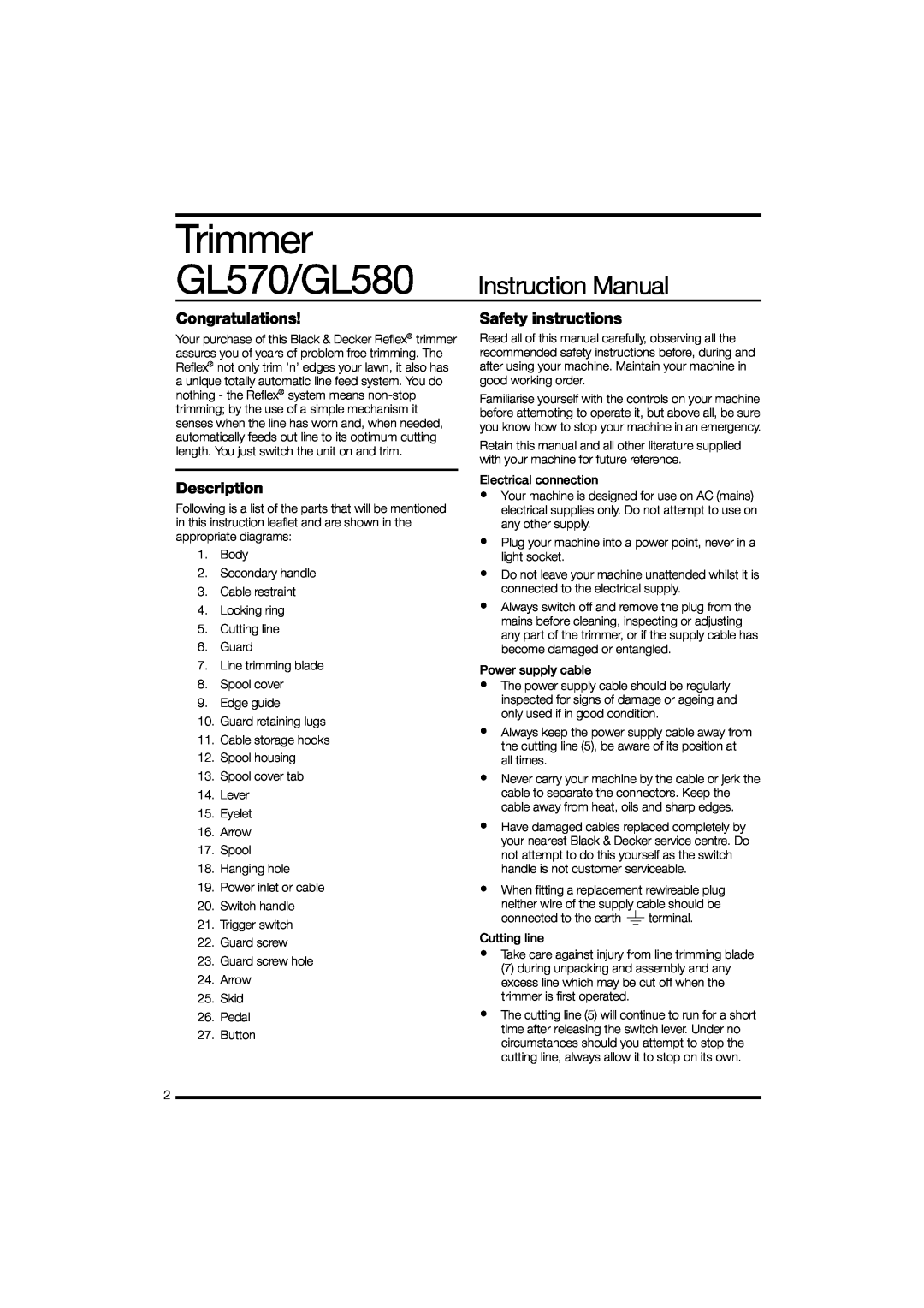 Black & Decker instruction manual Trimmer, GL570/GL580 Instruction Manual, Congratulations, Description 