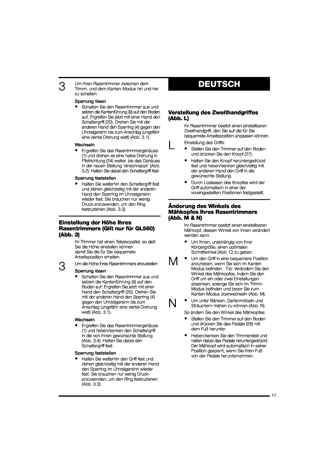 Black & Decker GL570 instruction manual Verstellung des Zweithandgriffes Abb. L, Deutsch 