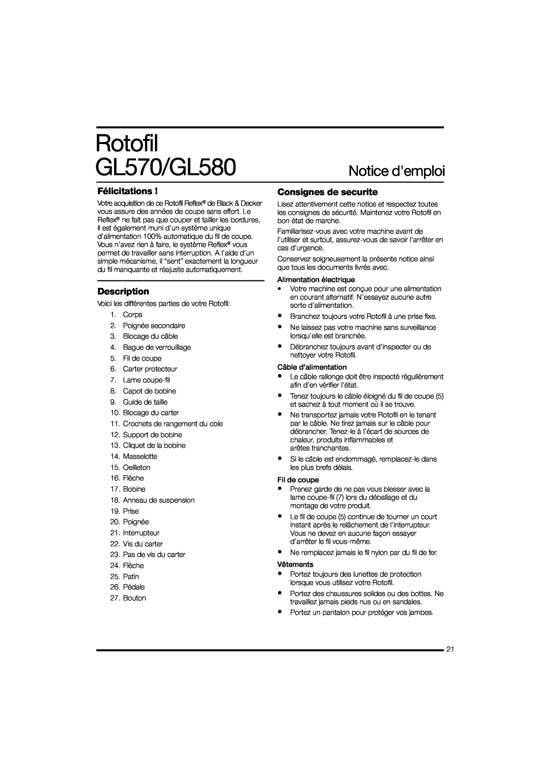 Black & Decker instruction manual Rotofil GL570/GL580, Notice demploi, Félicitations, Consignes de securite, Description 