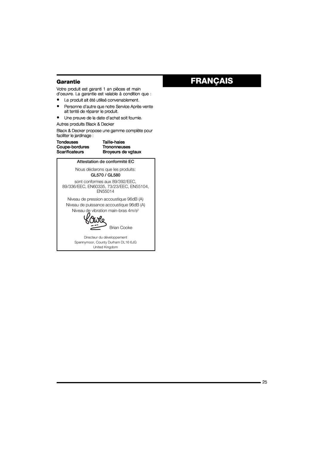 Black & Decker GL570 instruction manual Français, Garantie, •Le produit ait été utilisé convenablement 