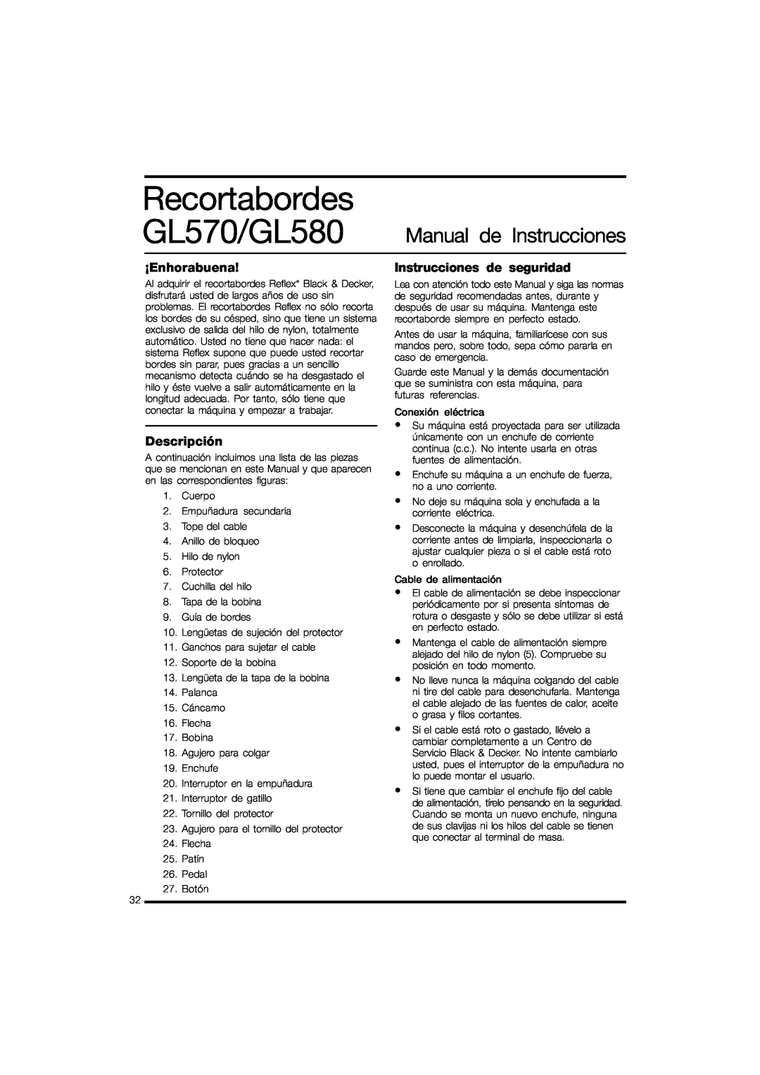 Black & Decker instruction manual Recortabordes, GL570/GL580, Manual de Instrucciones, ¡Enhorabuena, Descripción 