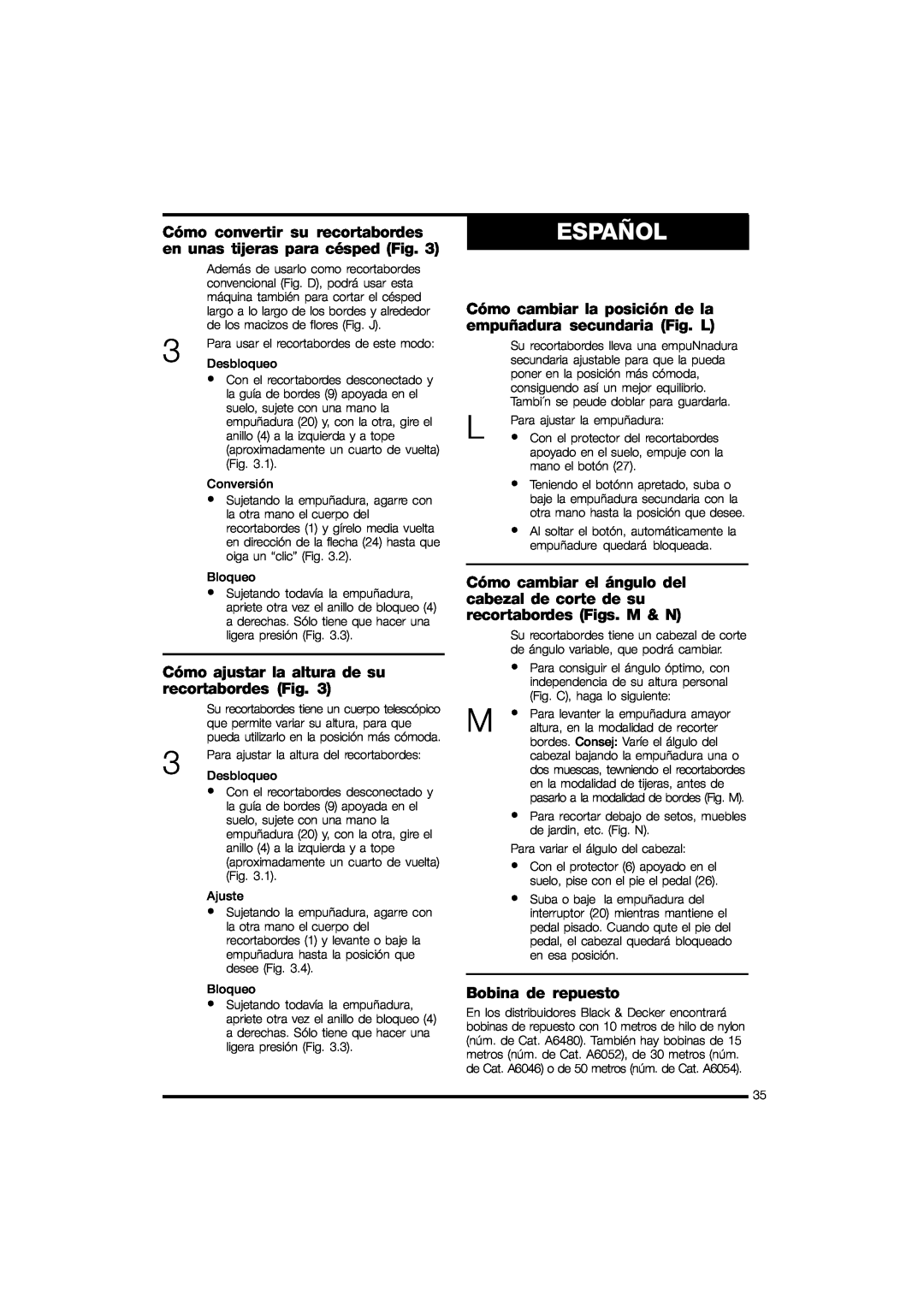 Black & Decker GL570 instruction manual Cómo ajustar la altura de su recortabordes Fig, Bobina de repuesto, Español 