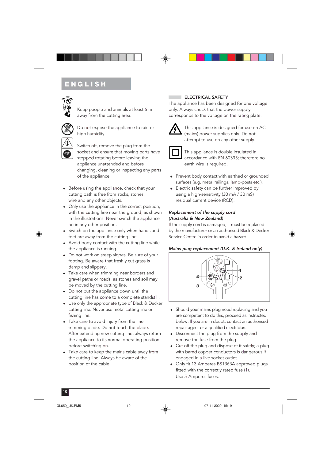 Black & Decker GL650 manual Electrical Safety, Replacement of the supply cord Australia & New Zealand 