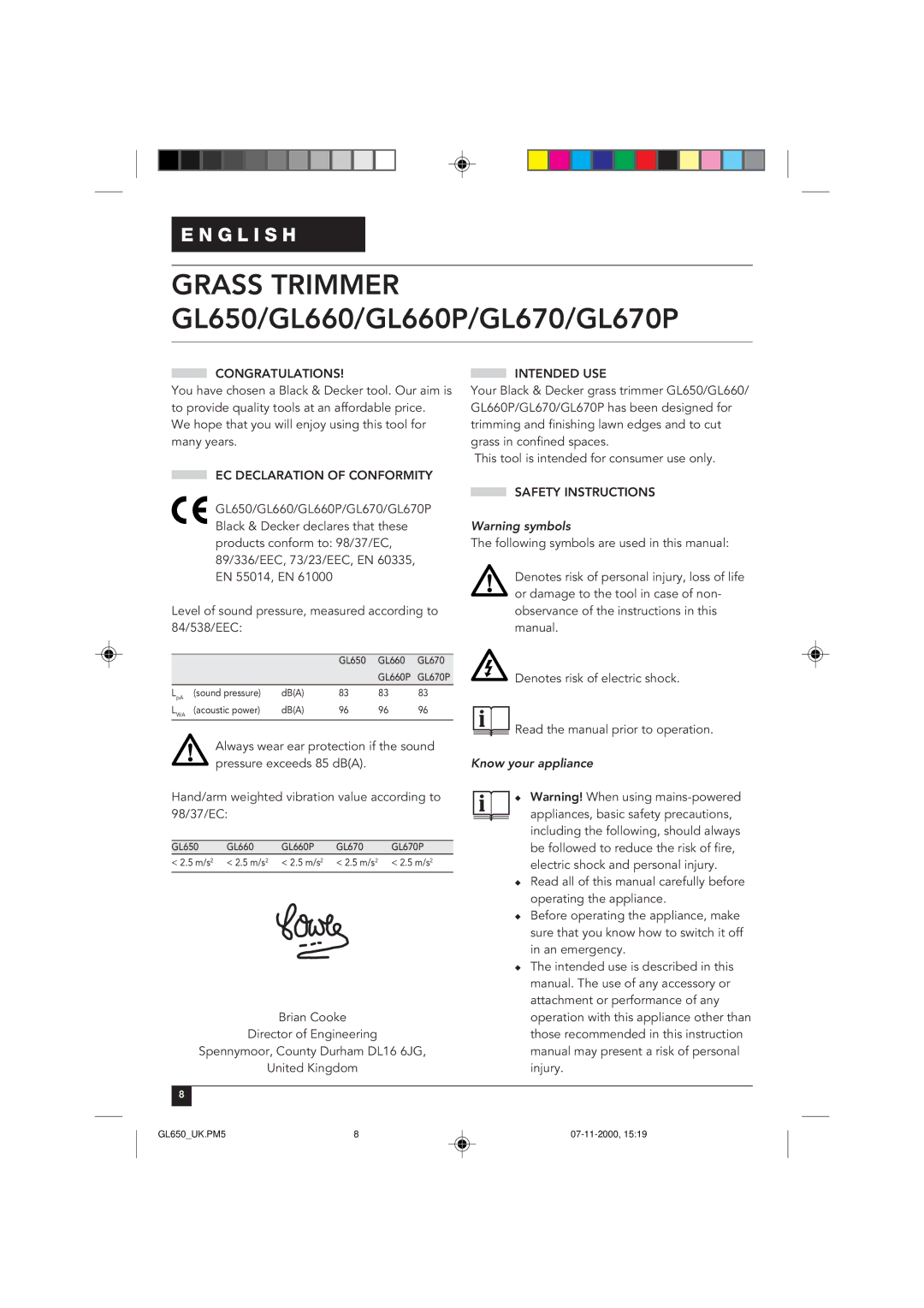 Black & Decker GL650 Congratulations, EC Declaration of Conformity, Intended USE, Safety Instructions, Know your appliance 