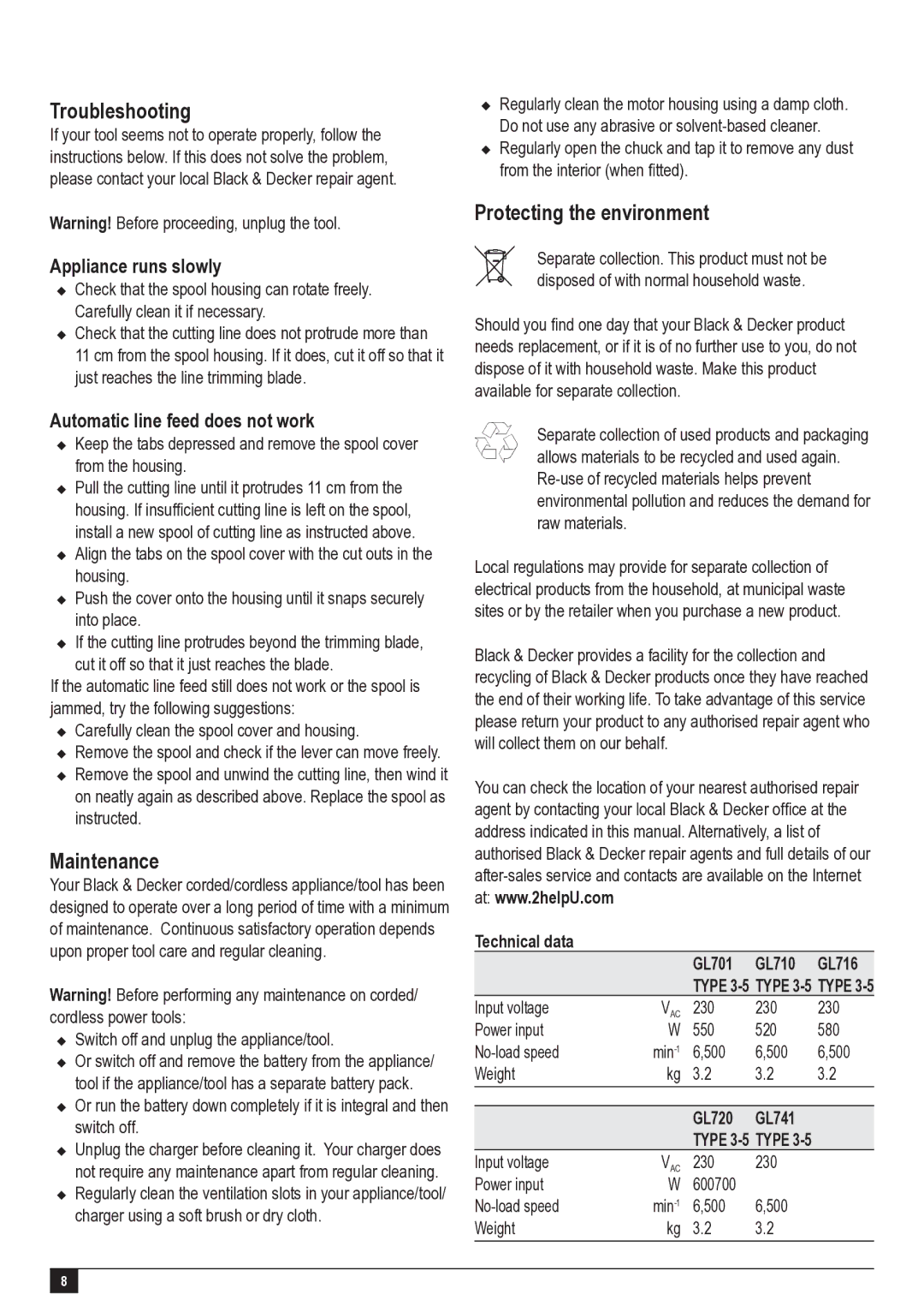 Black & Decker GL710, GL741, GL716, GL720 Troubleshooting, Maintenance, Protecting the environment, Appliance runs slowly 