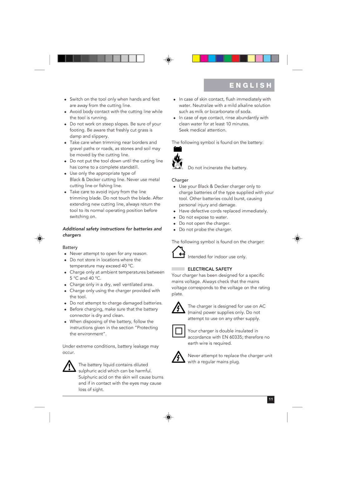 Black & Decker GLC120 manual Additional safety instructions for batteries and chargers, Electrical Safety 