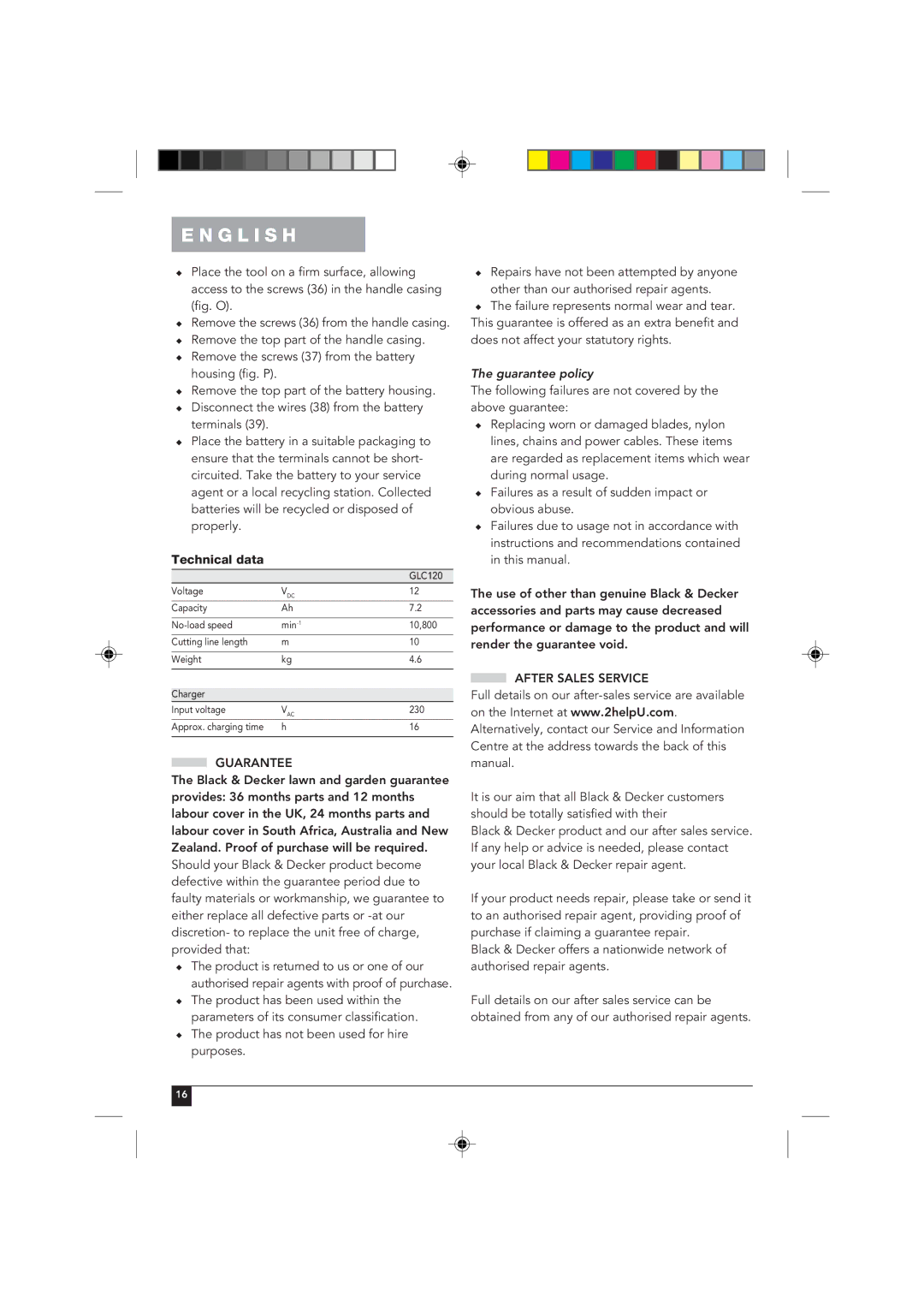 Black & Decker GLC120 manual Guarantee policy, After Sales Service 